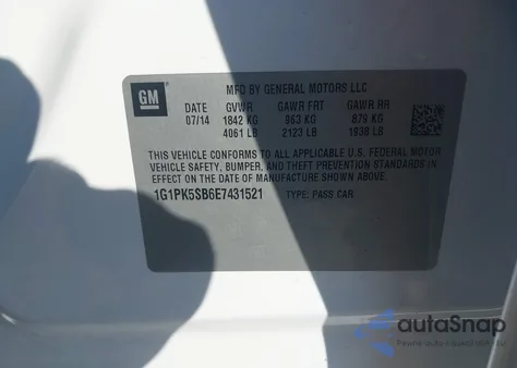 2014 Chevrolet Cruze Lt из США, поврежденный, VIN 1G1PK5SB6E7431521